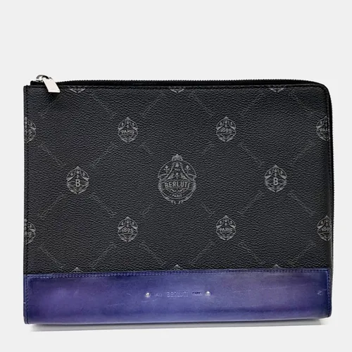 Berluti Nino Medium Blue Coated Canvas Leather Clutch Bag