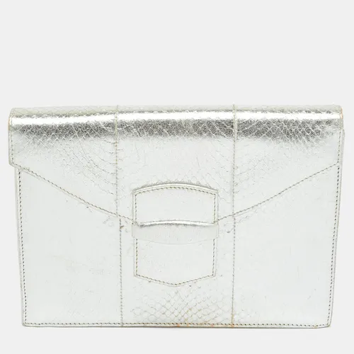 Oscar de la Renta Silver Snakeskin Embossed Leather Flap Clutch