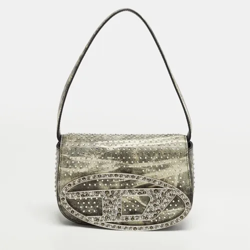 Diesel Crystal Embellished 1DR Olive Green/White Leather Shoulder Bag