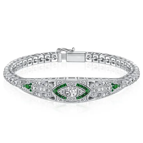 Italo Art Deco Emerald Sapphire Tennis Bracelet In Sterling Silver