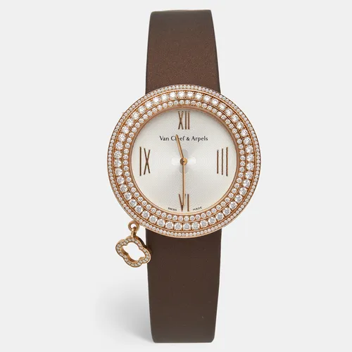 Van Cleef & Arpels Charms 2572115 Silver Dial 18k Rose Gold Leather Satin Diamond Women's Wristwatch 38 mm