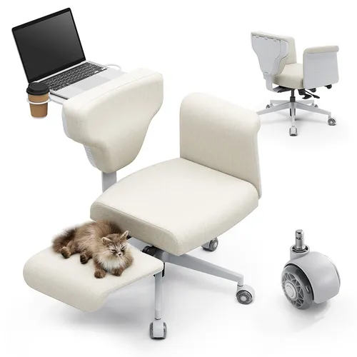 NEWTRAL Freedom-X-FF Criss Cross Chair with Armrests & Wheels, Multi-Position Recliner Chair, Ergonomic Cross Legged Chair, Adjustable Laptop Tray, Waterproof Fabric, for Home Office, Relax, and Pet Companion - Apricot