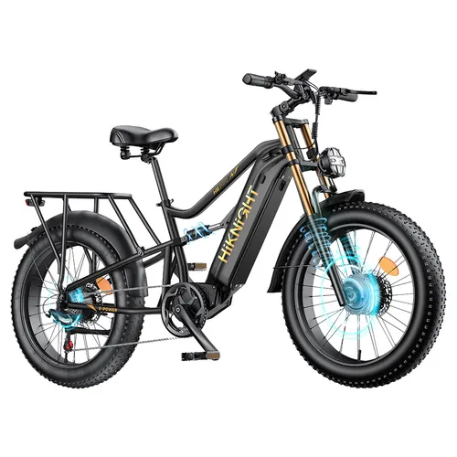 HIKNIGHT H6 PRO Electric Bike, 4000W Peak Dual Motors, 52V 20Ah Removable Battery, 145km Range, 64km/h Max Speed, 200N·m Torque, Dual-Crown Front Fork, Rear Air Shock, Shimano 7-Speed, All-Terrain Fat Tires - Black & Gold