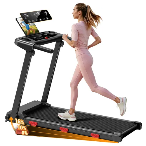EviTrend Q1 Foldable Treadmill with 16% Incline, 3.0HP Motor, 3 Level Incline, Dual Handrails, 180kg Max Load, 12 Workout Programs, LED Display, Low Noise, 6 Shock Absorbers, for Home & Office