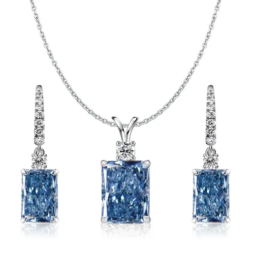 Italo Radiant Cut Blue Topaz Necklace & Drop Earrings Jewelry Set