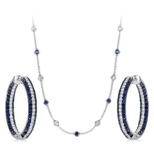 Italo Secure Round Cut White & Blue Sapphire Hoop Earrings & Necklace Jewelry Set