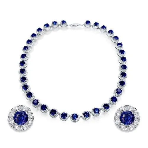 Italo Blue Sapphire Halo Tennis Necklace & Stud Earrings Jewelry Set