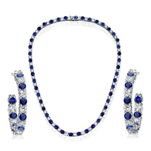 Italo White & Blue Sapphire Tennis Necklace & Hoop Earrings Jewelry Set