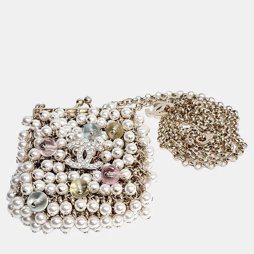 Chanel CC Gold Crystal Pearl Mini Pouch Necklace