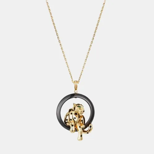 Cartier Panthere De Cartier 18k Yellow Gold Diamond Black Ceramic Bezel Tsavorite Garnet Necklace