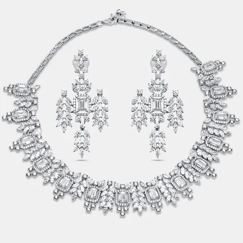 55.46 Cts Marquise Round Emerald 18K White Gold Lab Grown Diamonds Necklace Set