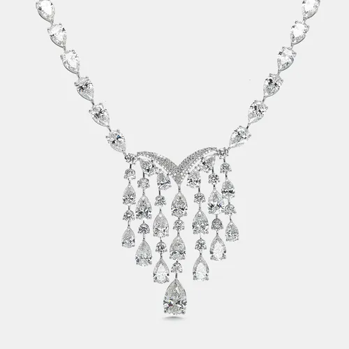 38 cts Pear, Round Lab Grown Diamonds 18k White Gold Necklace