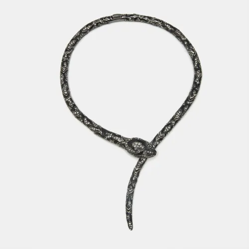 Roberto Cavalli Snake Black Enamel  Crystal Gunmetal Tone Collar Necklace