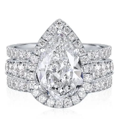 Italo Halo Pear Cut Engagement Rings Sets In Sterling Silver