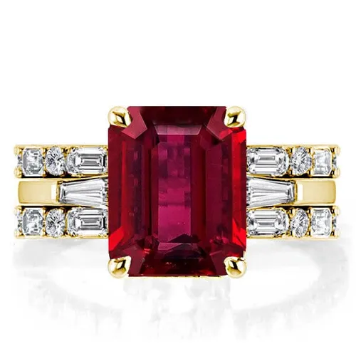 Italo Ruby Ring Emerald Cut Travel Engagement Ring set 3PC Wedding Set