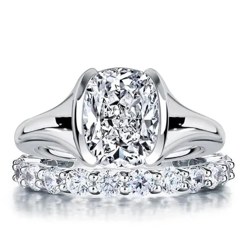 Italo Half-bezel Solitaire Cushion Cut Engagement Ring Sets For Women