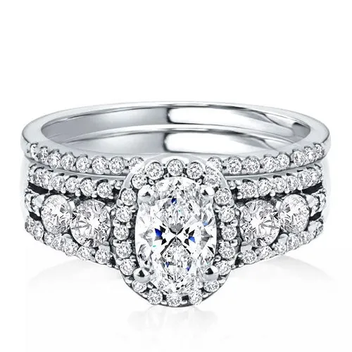 Halo Half Eternity Multi Row Oval Cut Bridal Wedding Set