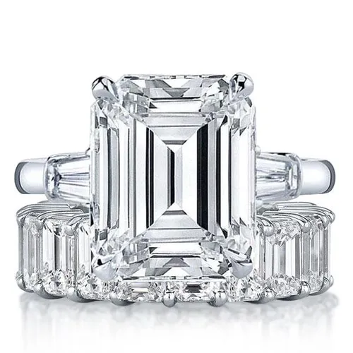 Italo Three Stone Emerald Cut Engagement Rings Sets