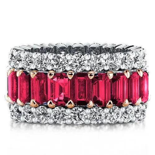 Triple Row Baguette Two Tone Created Garnet Wedding Band
