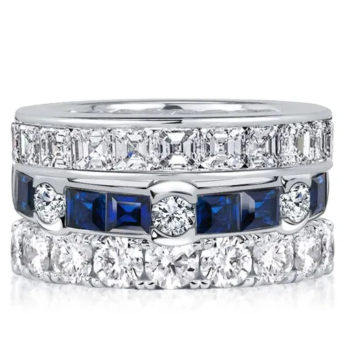 Italo Channel Round & Asscher Cut White & Blue Sapphire Stackable Band Set
