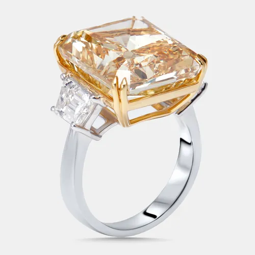 20.86 cts Yellow Radiant, Trapazoid Lab Grown Diamonds 18k Two Tone Gold Ring Size 55
