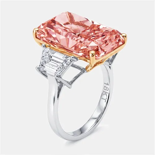 16.3 cts Pink Radiant, Trapazoid Lab Grown Diamonds 18k Two Tone Gold Ring Size 50