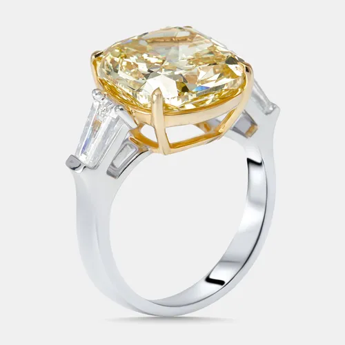 9.22 cts Fancy Yellow Cushion, Trapazoid Lab Grown Diamonds 18k Two Tone Gold Ring Size 50