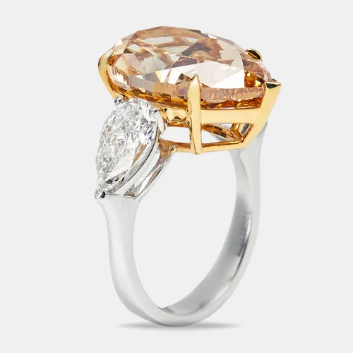 13.16 cts Orange Pear Lab Grown Diamond 18k Two Tone Gold Ring Size 52