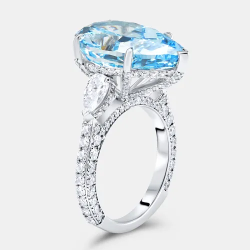 13.3 cts Fancy Blue Pear Brilliant and Round 18k White Gold Lab Grown Diamonds Ring Size 51