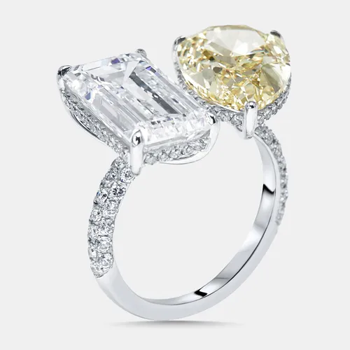 12.8 cts Fancy Yellow Pear, Emerald Cut, Round Lab Grown Diamonds 18k White Gold Ring Size 53