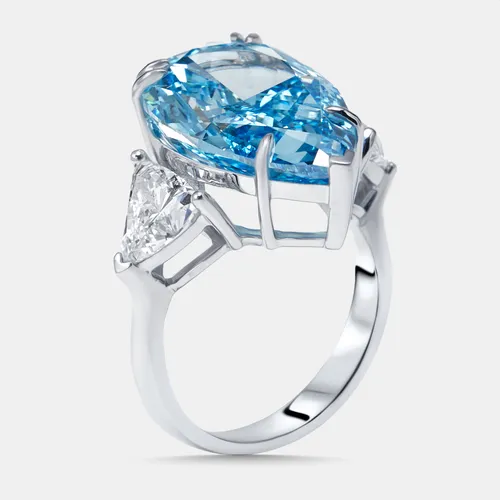 13.3 cts Vivid Blue Pear, Trillion Lab Grown Diamonds 18k White Gold Ring Size 53