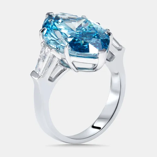 11.03 cts Vivid Blue Marquise, Trapazoid Lab Grown Diamonds 18k White Gold Ring Size 54