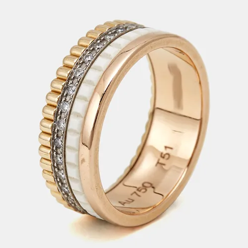 Boucheron White Edition Quatre Classique Diamonds 18k Three Tone Gold Ring Size 51