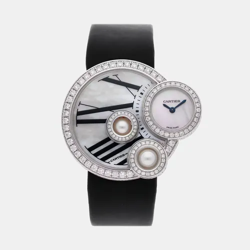 Cartier Libre Perles de Cartier WJ304850 Quartz White Mother of Pearl Dial 18k White Gold Diamond Men's Wristwatch 35mm