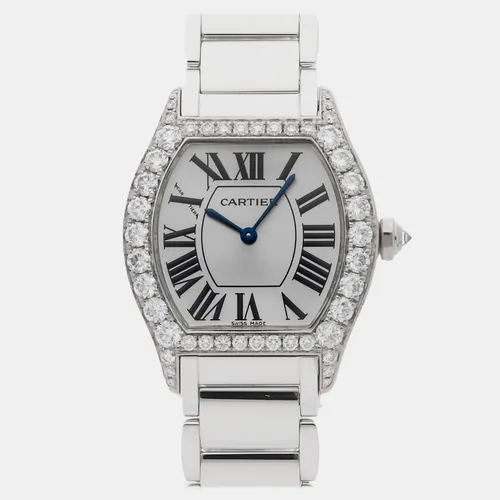 Cartier Tortue WA5072W9 Silver 18K White Gold Diamond Manual Winding Women's Wristwatch 34MM